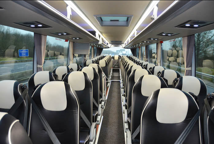 London 53-seater luxury motor coach bus rear seats interior