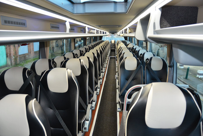 London 70-seater luxury motor coach bus rear seats interior